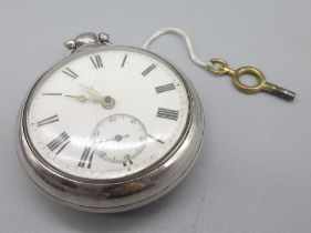 Victorian silver pair case pocket watch, white enamel Roman dial, subsidiary seconds, case
