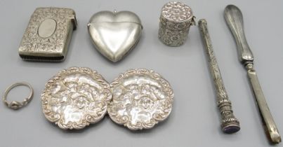 Edwardian silver heart shaped vesta case by Minshull & Latimer, Birmingham, 1901, Edwardian silver