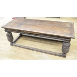 Elizabethan style oak rectangular refectory draw leaf dining table, with lobed frieze on cup and