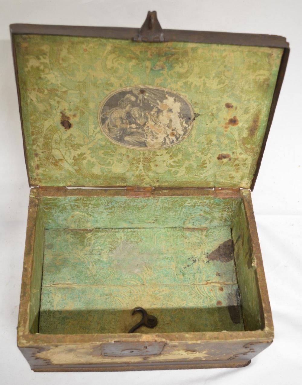 Circa 17th century leather bound table box with wrought metal flap lock and ornate metal pinned - Image 2 of 8