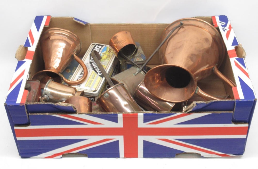 19th century copper flagon, H24cm; smaller flagon, H15cm; other copper measures and tins