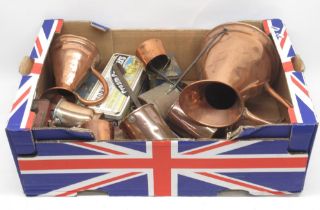 19th century copper flagon, H24cm; smaller flagon, H15cm; other copper measures and tins