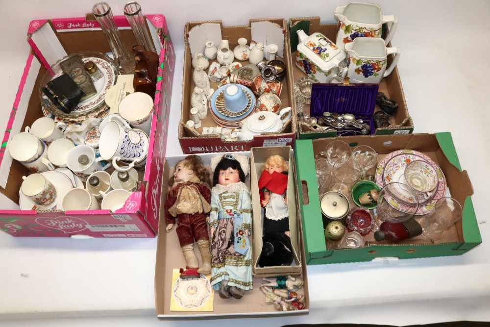 Various collectables, incl. dolls, two glass vases with hallmarked silver rims, cloisonne