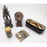 Horn snuff box, carved Bavarian pipe end, a white metal repousse walking stick collar, etc. (