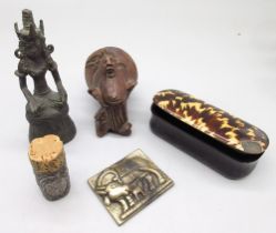 Horn snuff box, carved Bavarian pipe end, a white metal repousse walking stick collar, etc. (