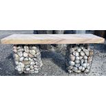 Garden bench with stone top and gabion cage stone filled supports, L110cm