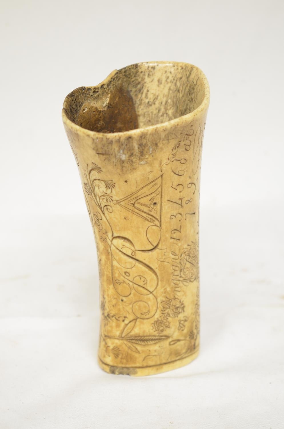 Bone quill holder with scrimshaw design including alphabet, numbers, animals and various symbols and - Image 4 of 6