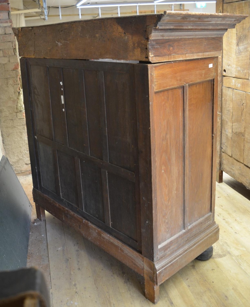 19th century Dutch oak walnut and rosewood cupboard, moulded cornice above two raised panel doors, - Image 6 of 6