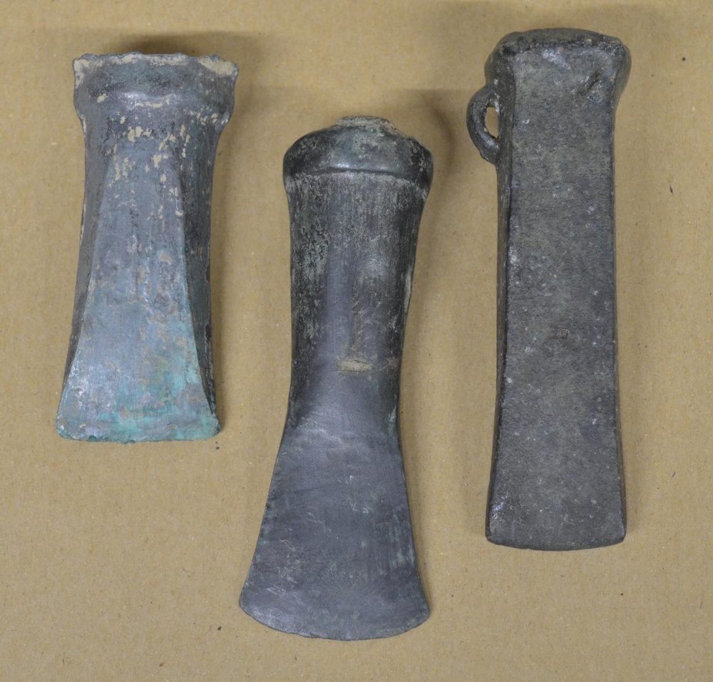 Three bronze socket axe heads, largest L12.5cm (Victor Brox collection)