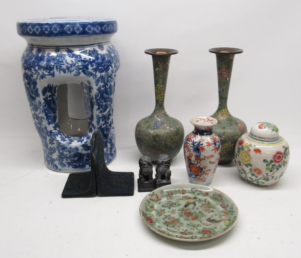 Collection of Asian items, incl. a late 20th century blue and white Chinese stool, two large