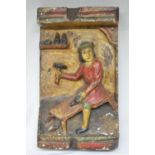 Circa 16th-18th century carved wood shop sign depicting St Crispin, patron saint of cobblers, one