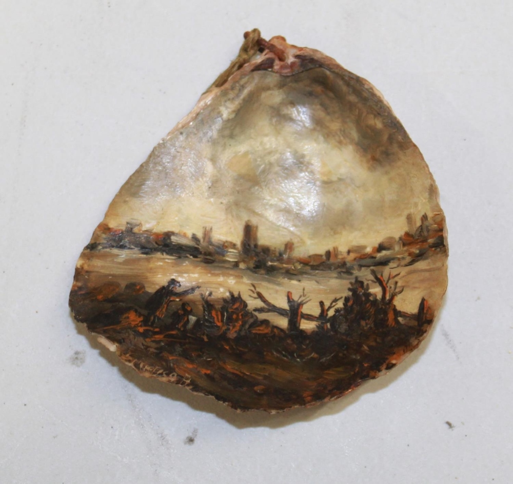 Eugenio Spreafico (1856-1919). Oil landscape scene painted on the interior of an Oyster Shell, - Image 2 of 2