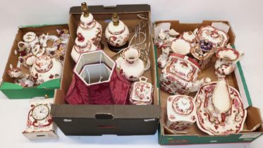 Collection of Masons 'Mandalay Red' pattern ceramics, incl. two table lamps, mantle clock,