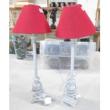 Pair of tall contemporary white painted metal table lamps with red shades, H67cm (2)