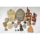 Collection of mostly eastern stone and wood figure carvings to include Buddha, Thai temple guard,