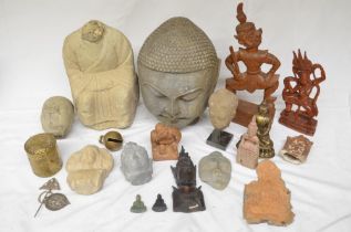 Collection of mostly eastern stone and wood figure carvings to include Buddha, Thai temple guard,