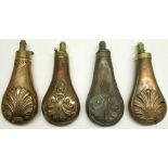 G. & J.W. Hawksley 19th century copper and brass embossed powder flask, decorated with shell