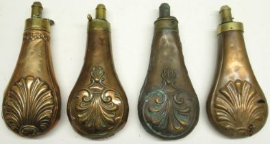 G. & J.W. Hawksley 19th century copper and brass embossed powder flask, decorated with shell