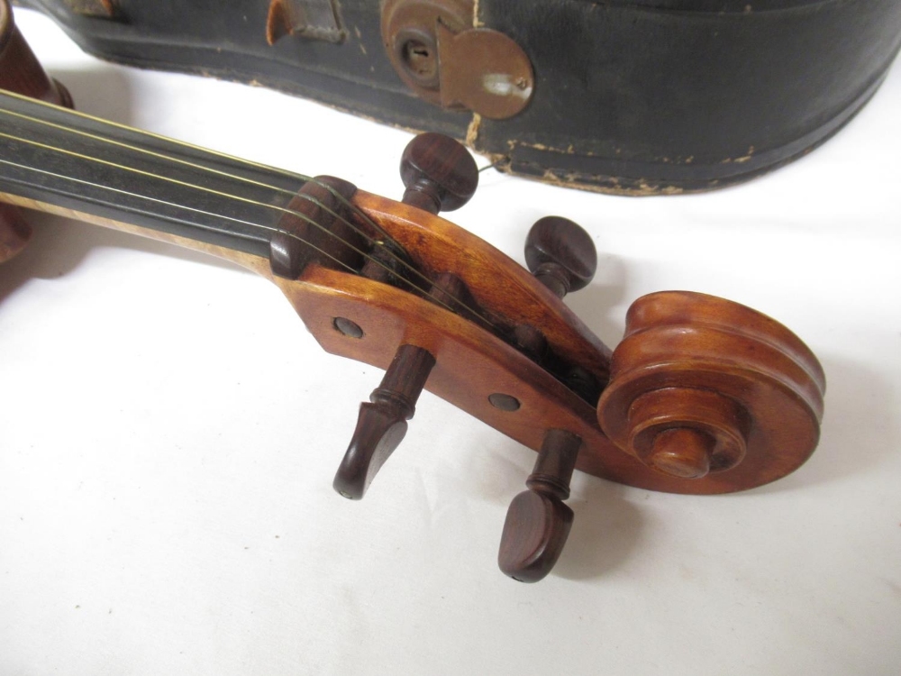 Three unnamed violins, 2 with 2 bows in travel cases and another lacking bow in travel box (Victor - Image 12 of 12