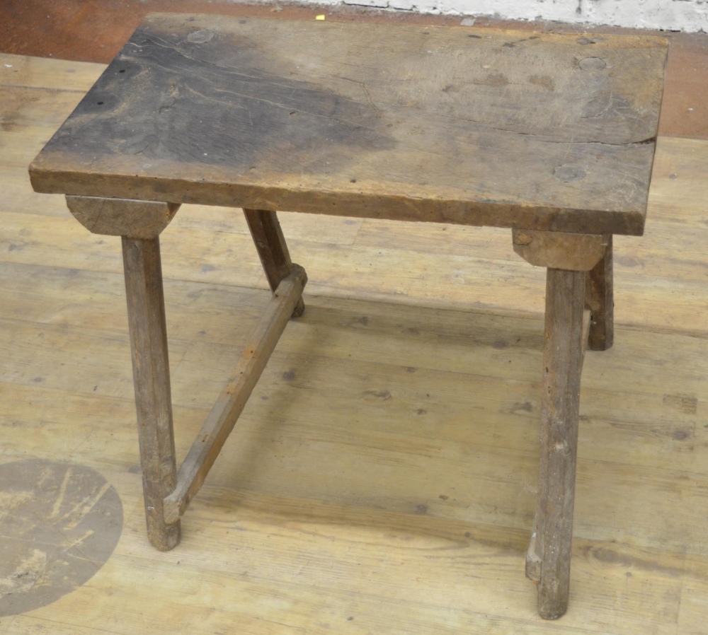 C19th Country made side table, rectangular oak top on faceted tapering outsplayed supports, W71cm - Image 2 of 4