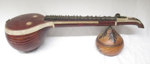 Large Old Indian Veena/Sitar with decorative floral bone banding, fluted bowl back, head stock