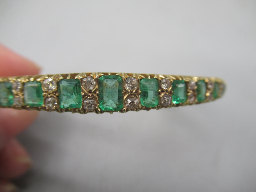 15ct yellow gold hinged bangle set with graduated emeralds cut emeralds and brilliant cut - Image 4 of 4