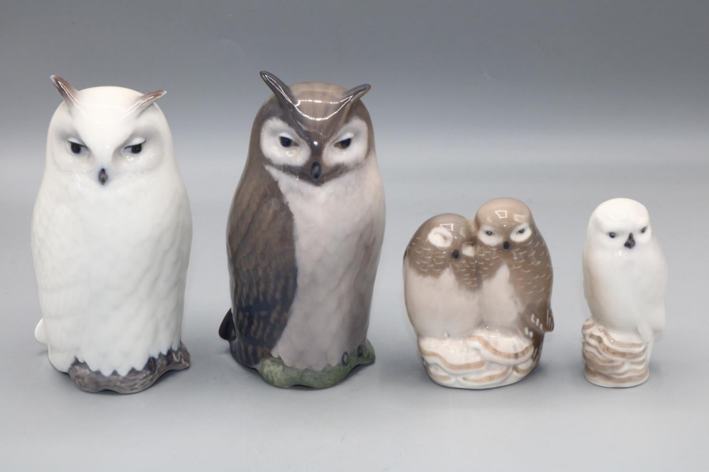 Collection of Royal Copenhagen figures of owls, numbered 155, 2999, 834, 1741, max. H41cm (4)