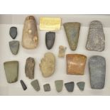 Collection of neolithic stone and flint axe heads and other hand tools, largest L11.5cm (Victor Brox