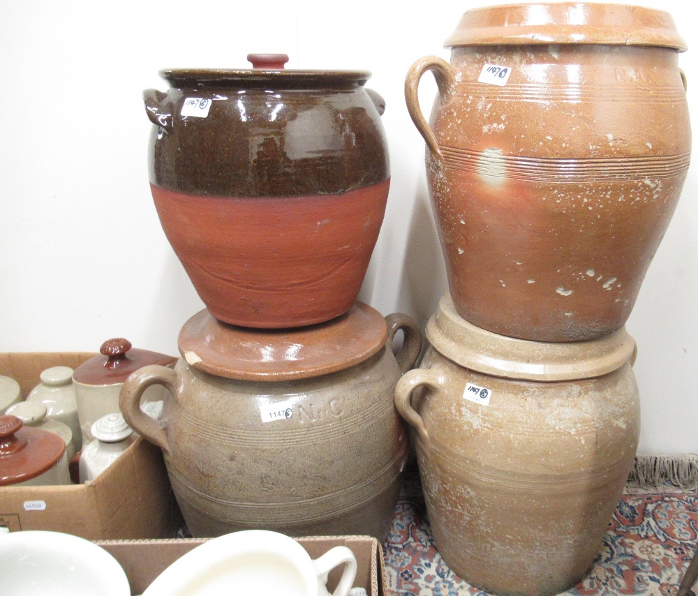 N. et Cie C20th glazed stoneware lidded storage jar, H44cm; three similar storage jars; seven glazed - Image 3 of 3