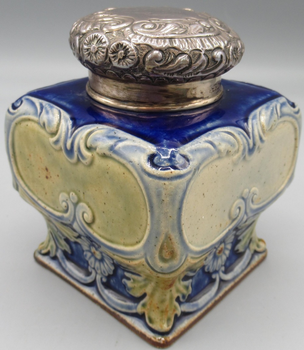 Doulton Lambeth silver mounted stoneware tea caddy, by John Broad and assisted by Emma A Burrows - Image 3 of 4
