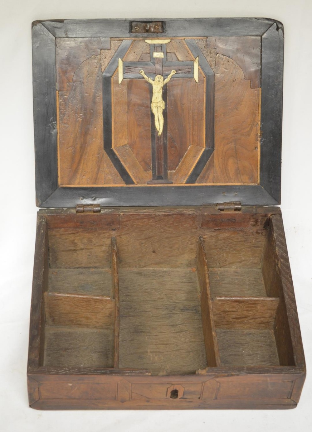 Circa 17th century oak sacrament box with external panelling and ornate internal Christ on the cross - Image 2 of 4