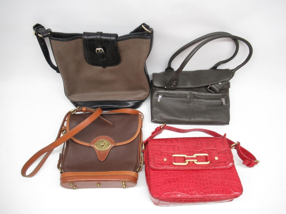 Osprey London leather shoulder bag, red leather crocodile style shoulder bag, and two other