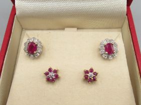 Two pairs of 9ct yellow gold ruby and diamond stud earrings, stamped 375, 2.8g