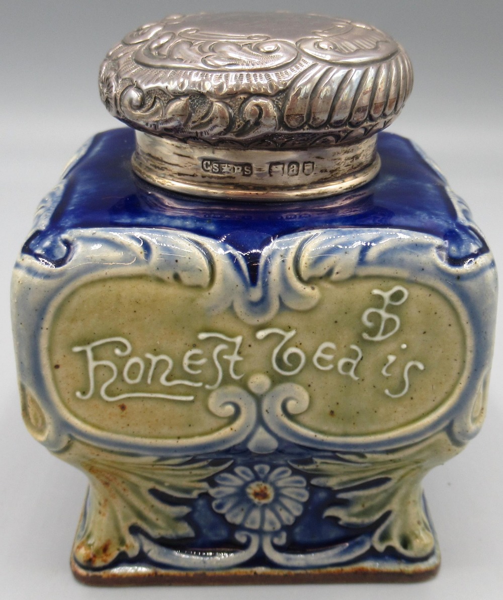 Doulton Lambeth silver mounted stoneware tea caddy, by John Broad and assisted by Emma A Burrows