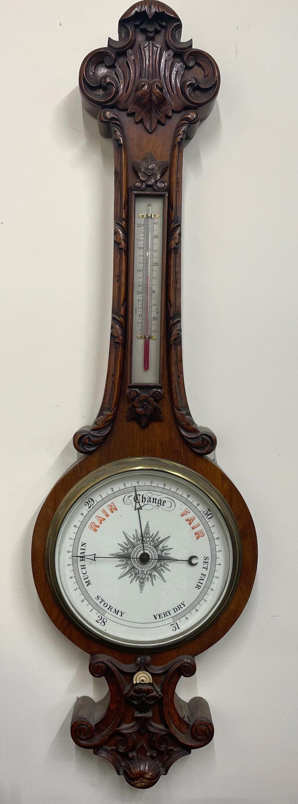 Victorian oak wheel barometer, applied carved moulding, 10" porcelain dial, detachable thermometer