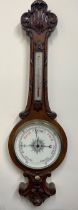 Victorian oak wheel barometer, applied carved moulding, 10" porcelain dial, detachable thermometer