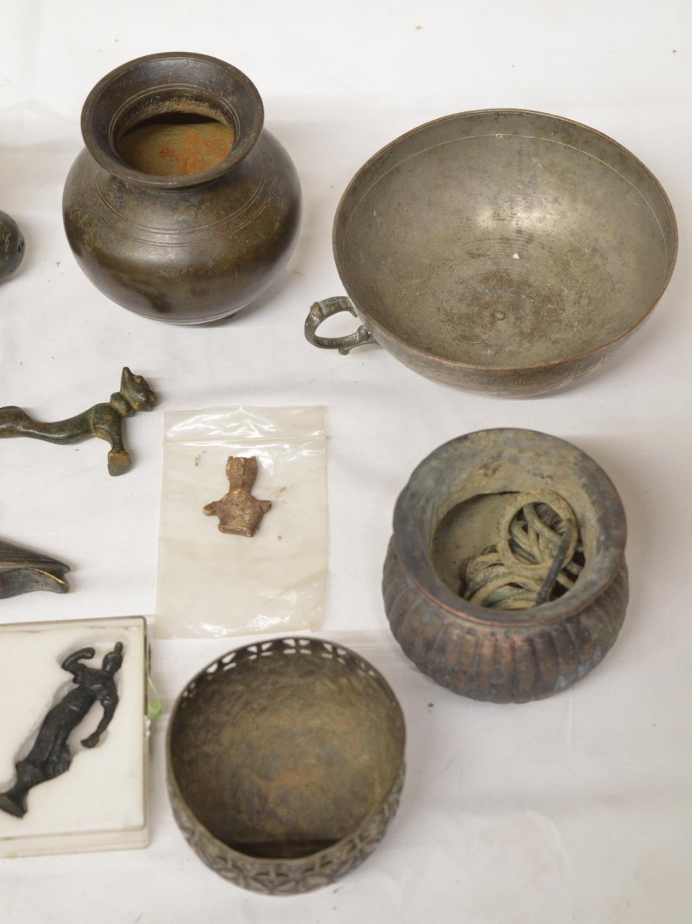Collection of ancient metalware to include Roman, Islamic and other items including small figures, - Image 2 of 8