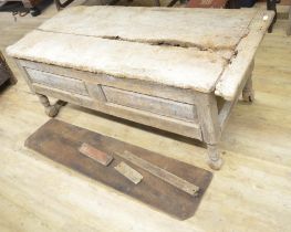Country made preparation table, cleated planked top with panelled frieze on turned and block