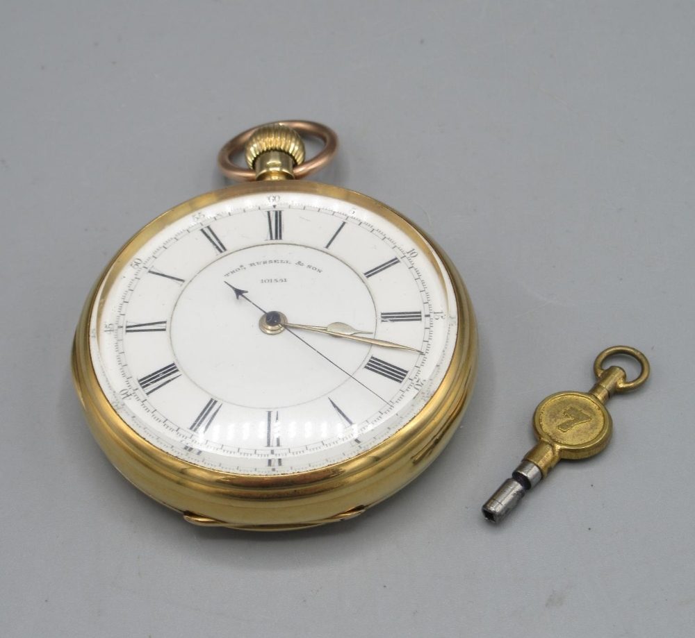 Thomas Russell & Son, Liverpool, late Victorian 18ct gold keyless pin set 1/5 second chronograph - Image 5 of 5