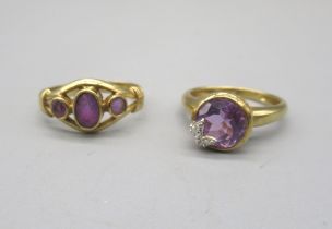 9ct yellow gold ring set with three purple stones, size N, and another 9ct gold ring set with purple