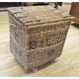 Large wicker Mill or Factory skip, with hinged lid on four wheels, painted B & L Ltd. W80cm D56cm