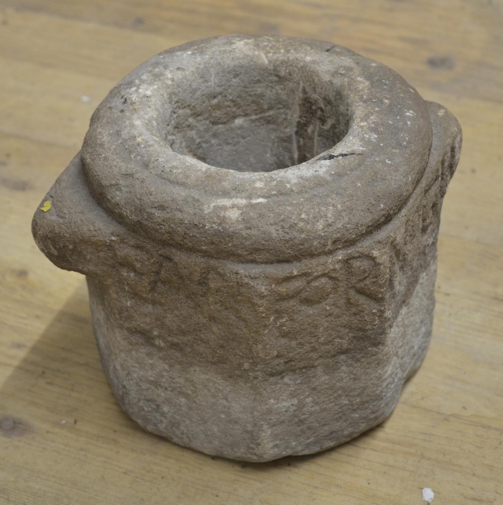 Carved stone mortar with lettering to the upper sides W24xD18xH27.5cm and a circular domed - Image 3 of 4