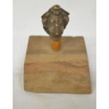 Small cast metal Romanesque head on wood plinth, overall H8cm (Victor Brox collection)