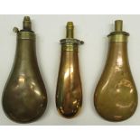 James Dixon & Sons Sheffield Improved Patent copper and brass powder flask, 17.5cm and two other