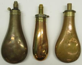 James Dixon & Sons Sheffield Improved Patent copper and brass powder flask, 17.5cm and two other