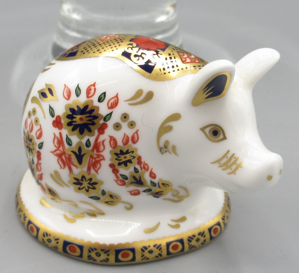 Royal Crown Derby piglet paperweight, silver stopper, H5cm, and a Caithness engraved crystal York - Image 2 of 3