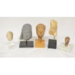 Collection of small stone carvings to include 4 heads and one Romanesque torso (H15), all on plinths