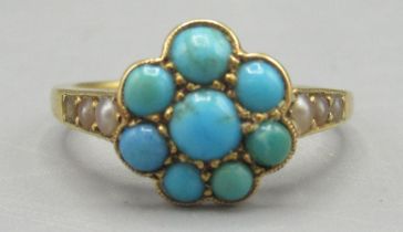 Victorian yellow metal cluster ring with turquoise and seed pearls, unmarked, size N1/2, 2.6g