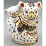 Royal Crown Derby koala and baby paperweight, gold stopper, H10cm