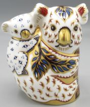 Royal Crown Derby koala and baby paperweight, gold stopper, H10cm